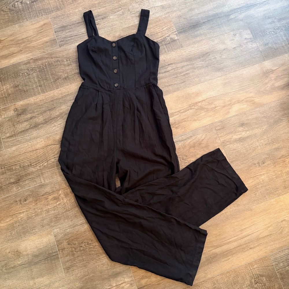 Old Navy Women S Tall Black Button Front Cami Jumpsuit Smocked Waist Trendy Tank